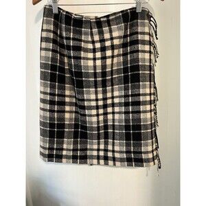 Vintage Real Comfort Plaid Wool Wrap Skirt Sz 10 Black/White W/Fringe